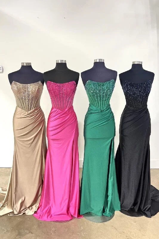 Act Fast comfy dressBateau Strapless Satin Trumpet Beaded Prom Dress With Side Slit