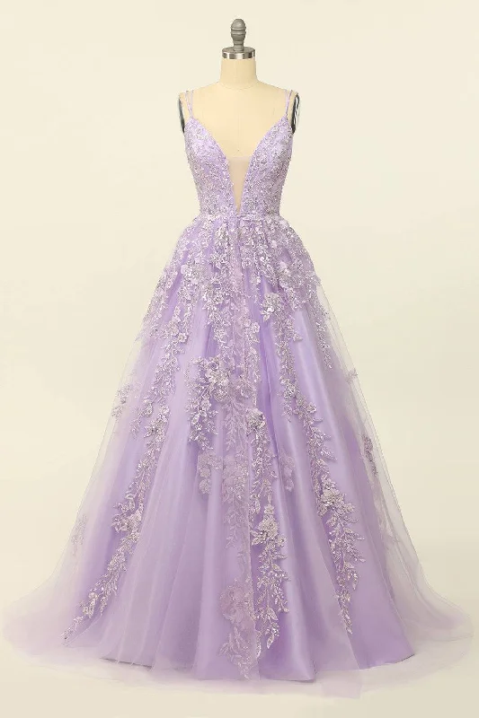 Loyalty Reward midi dressLilac A-line V Neck Tulle Applique Lace-Up Back Long Prom Dress