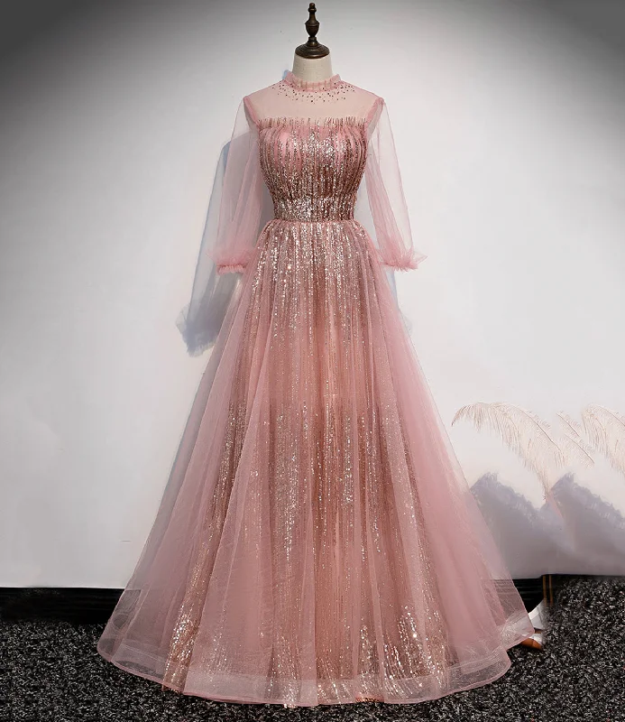 Big Discounts denim dressPink tulle sequins long prom dress pink evening dress s109
