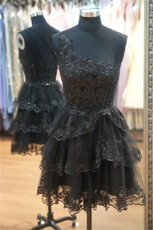 Buy Now wrap dressOne Shoulder Black Organza A-Line Ruffle Short Dress