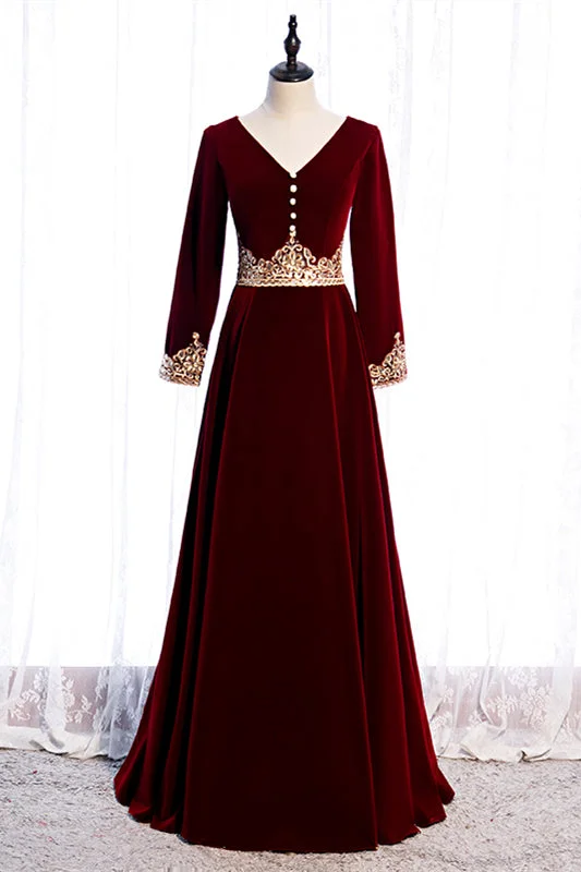 Lowest Price satin dressBurgundy V Neck Long Sleeves Embroidery Velvet Maxi Formal Dress with Button