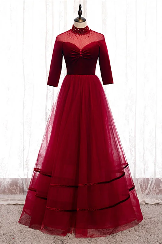 Don't Wait fitted cocktail dressRed Beaded Illusion High Neck Sleeves Pleated Maxi Formal Dress with Buttons