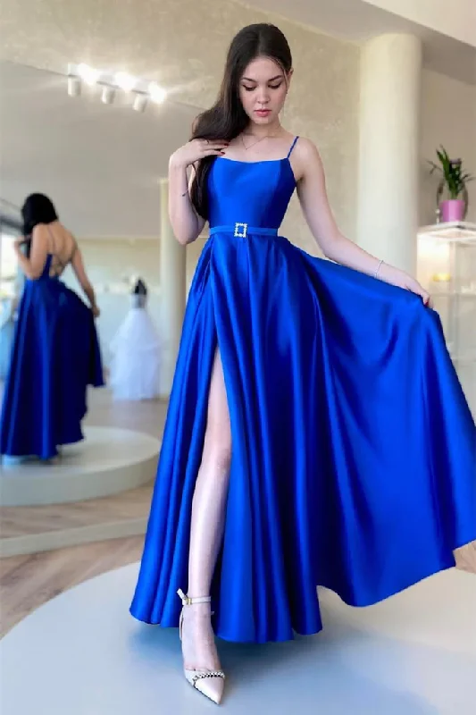Act Fast bodycon dressBackless Royal Blue Satin Long Prom Dress with High Slit, Backless Blue Formal Graduation Evening Dress Y203