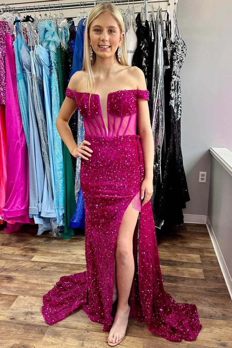 Factory Direct Sale pleated maxi dressTrumpet Off-Shoulder Empire Sheer With Side Slit Sequins Prom Dress