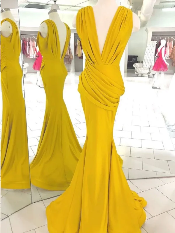 Bonus Savings Open Back Prom Dresses Deep V Neck Ruffles Long Simple Mermaid Prom Dress JKL1589