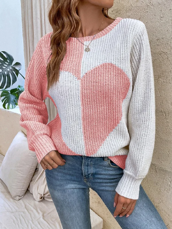 Limited Time Discount sleek zip-up hoodiestylish sports hoodieContrast Heart Round Neck Long Sleeve Sweater