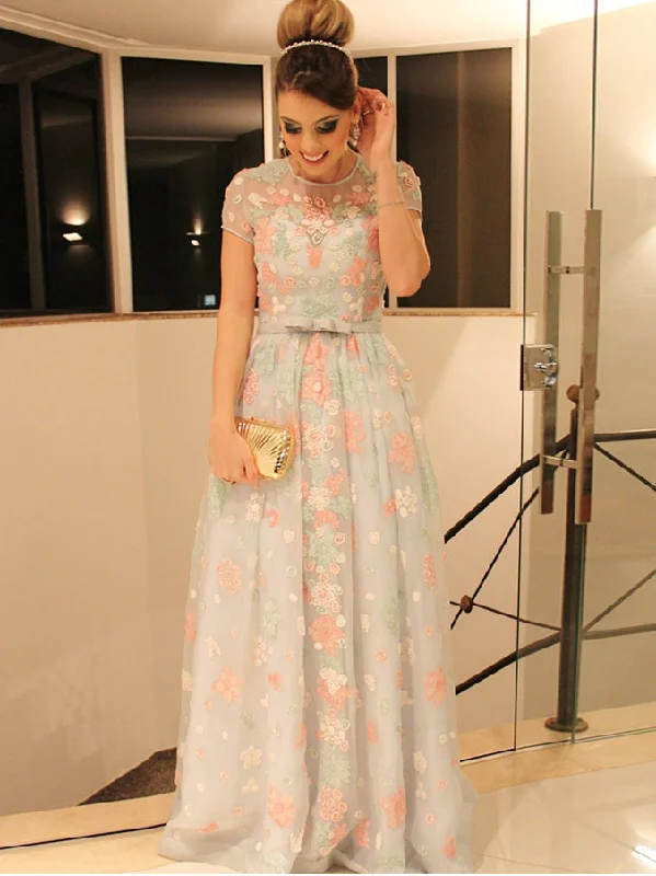 Steals and Deals Lace Prom Dresses Scoop A Line Floor Length Floral Tulle Beautiful Prom Dress JKL605