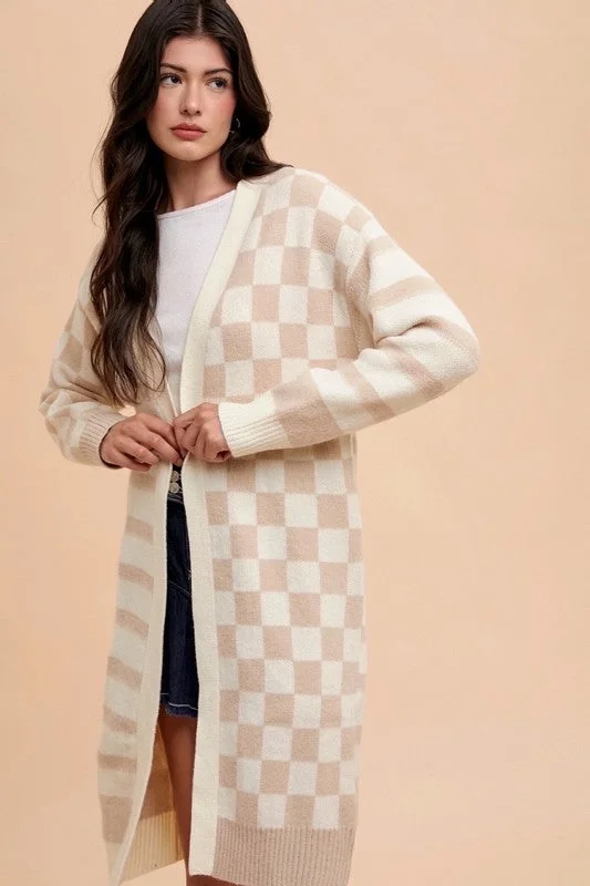 Extra Discounts comfortable fleece hoodieworkout-ready hoodieAnnie Wear Checkered & Striped Open Front Long Sleeve Cardigan