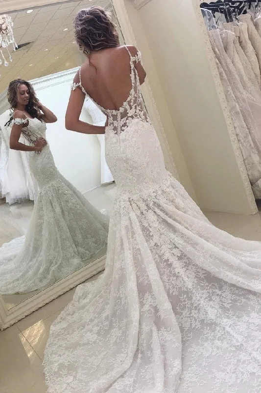 One-DAY Sale Classic White Off the shoulder Lace Mermaid Backless Wedding Dress