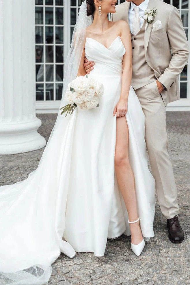 Lowest Price oversized dressSatin A-Line V-Neck Strapless With Side Slit Wedding Dress