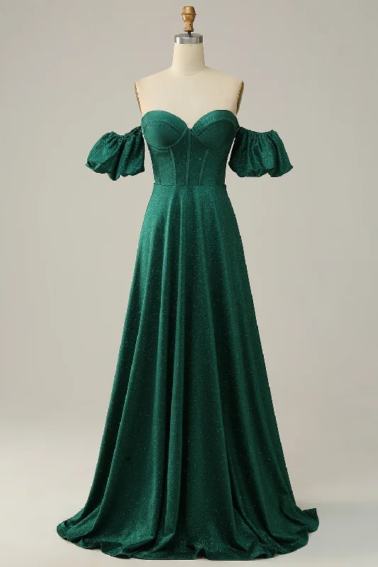 Crazy Savings floral wrap dressSparkly Hunter Green Off-the-Shoulder Puff Sleeves A-line Long Prom Dress