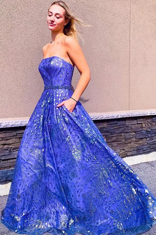 Final Sale Royal Blue Lace Strapless A-Line Long Prom Evening Dress GJS262