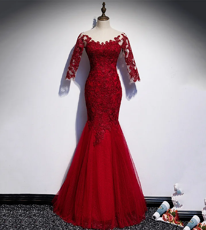 Price Drop high-waisted dressBurgundy lace long prom dress mermaid evening dress s110