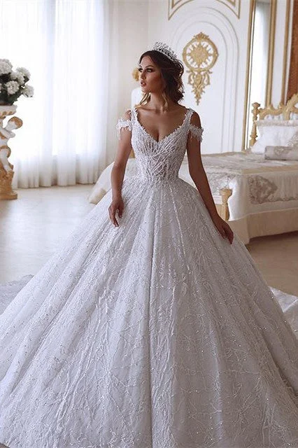 Season Finale Sale Traditional Ball Gown V neck Cold Shoulder White Lace Wedding Dress