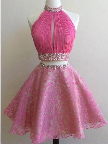 Final Markdown Two Piece Homecoming Dresses A Line Hot Pink Short Prom Dress Party Dress JK618