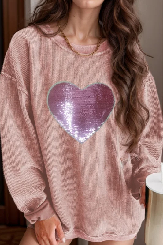 Holiday Sale lightweight hoodiesleek gym hoodieValentine’s Day Sequin Heart Round Neck Long Sleeve Sweatshirt