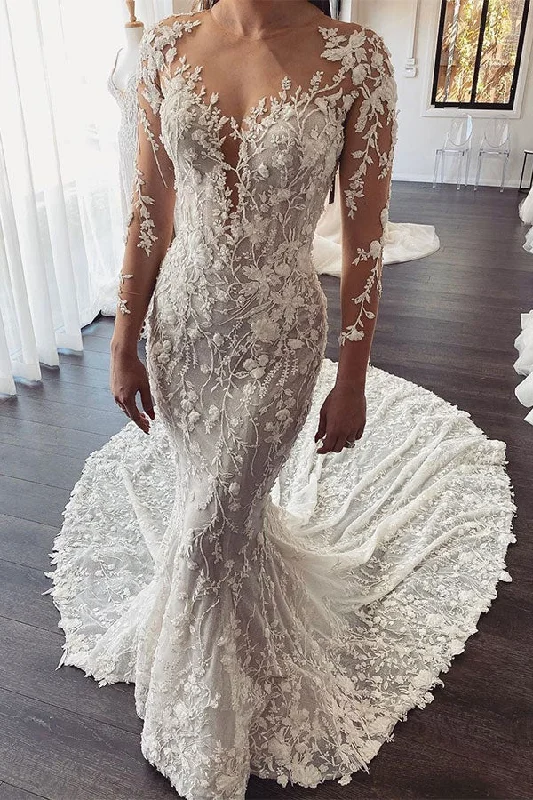 Overstock AmazingLong Train Lace Open back Mermaid White Wedding Dresses