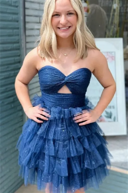 Lowest Price fitted dressA-Line Sweetheart Navy Blue Ruffle Tiered Tulle Short Homecoming Dresses