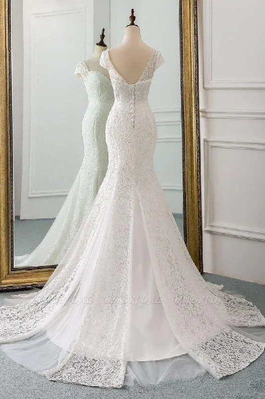 Closeout Classic Cap Sleeve Aweetheart Floral Lace Slim Mermaid Wedding Dress Lace up Wedding Party