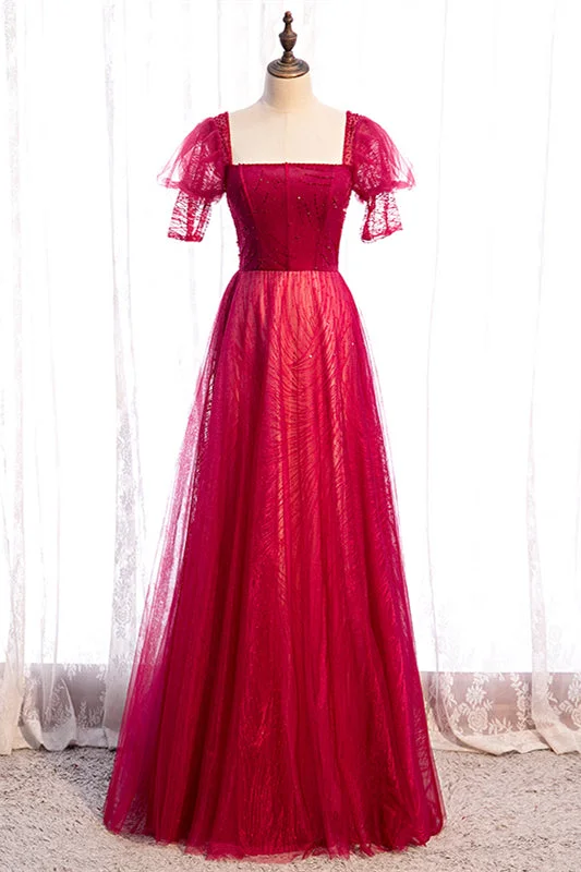 Inventory Reduction pleated dressRed Square Neck Puff Sleeves Beaded Tulle Maxi Formal Dress