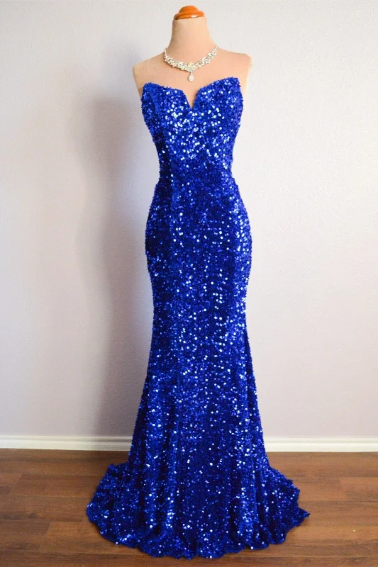 TIME-Limited Offer pleated dressRoyal Blue Peacock Green Mermaid Strapless Sparkly Lace-Up Long Formal Dress