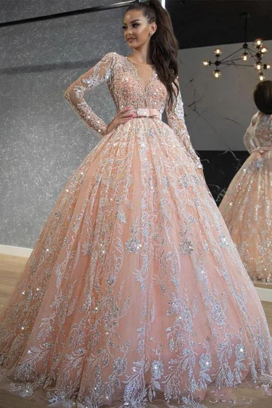 Flash Sale Princess Pink Long Sleevess A line High waist Lace Belt Wedding Dress