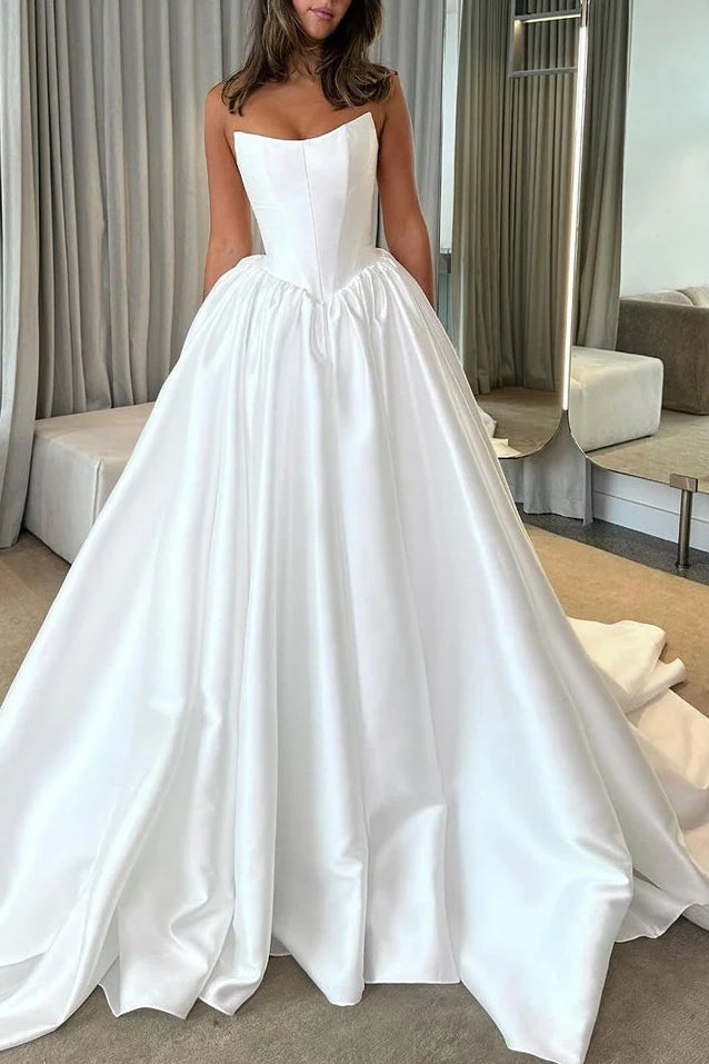 New Deals comfy maxi dressSatin A-Line Bateau Strapless With Train Wedding Dress