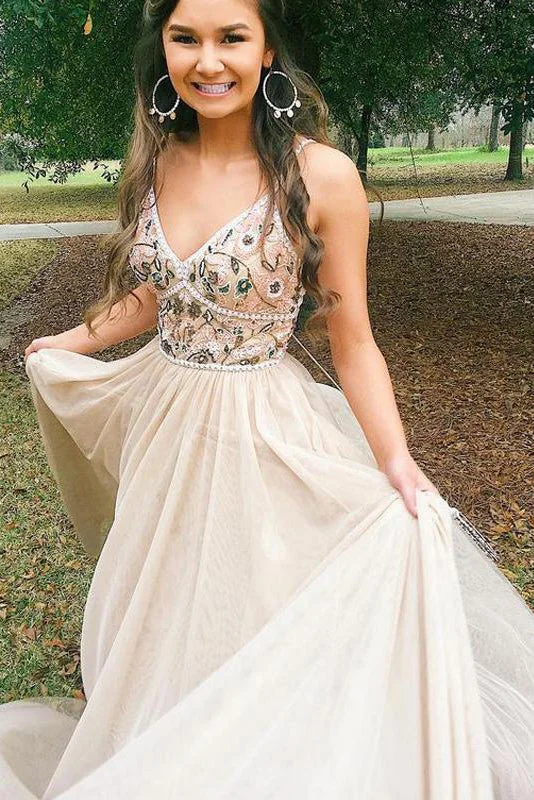 Steals and Deals Unique Embroidered Backless Lace Up Tulle A Line Long Evening Prom Dresses GJS218
