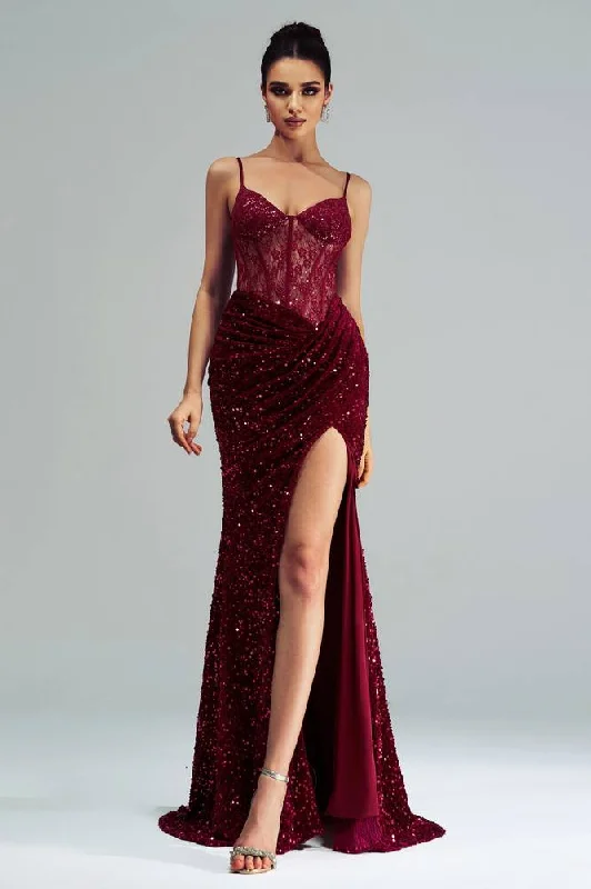 Year-End Clearance puff sleeve dressSparkly Sweetheart Sleeves Mermaid Party Evening Dress With Slit