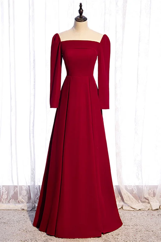 Deal Mania velvet dressRed A-line Folded Neck Long Sleeves Maxi Formal Dress
