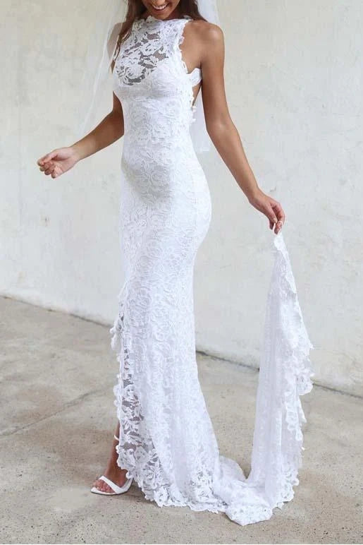 Super Sale trendy wrap dressSexy Round Sleeveless Lace Wedding Dress With Train
