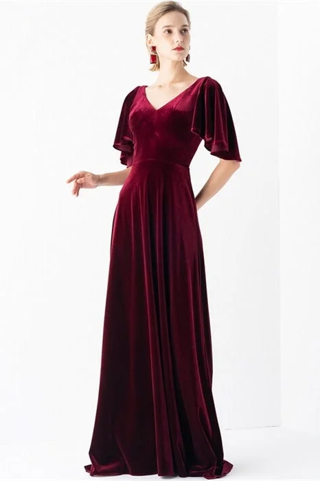 Hot Deal satin dressFlutter Sleeves Burgundy Velvet Dress