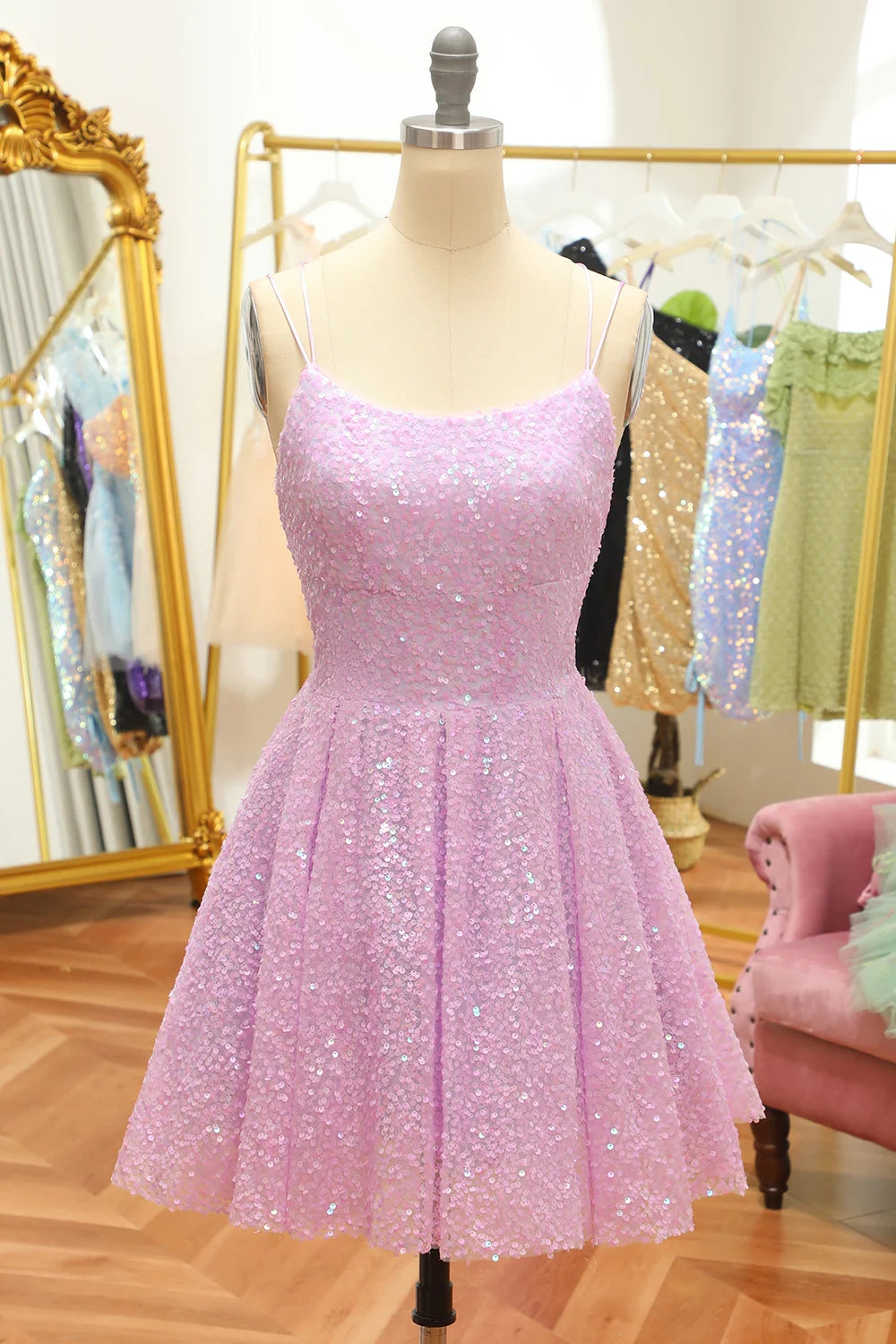 Bonus Savings casual summer dressSparkly Sequins Bateau Sleeveless Lace Up Homecoming Dress