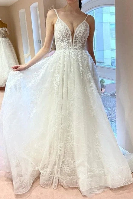 Bargain Prices sleek midi dressV-Neck Spaghetti Straps A-Line Lace Wedding Dress