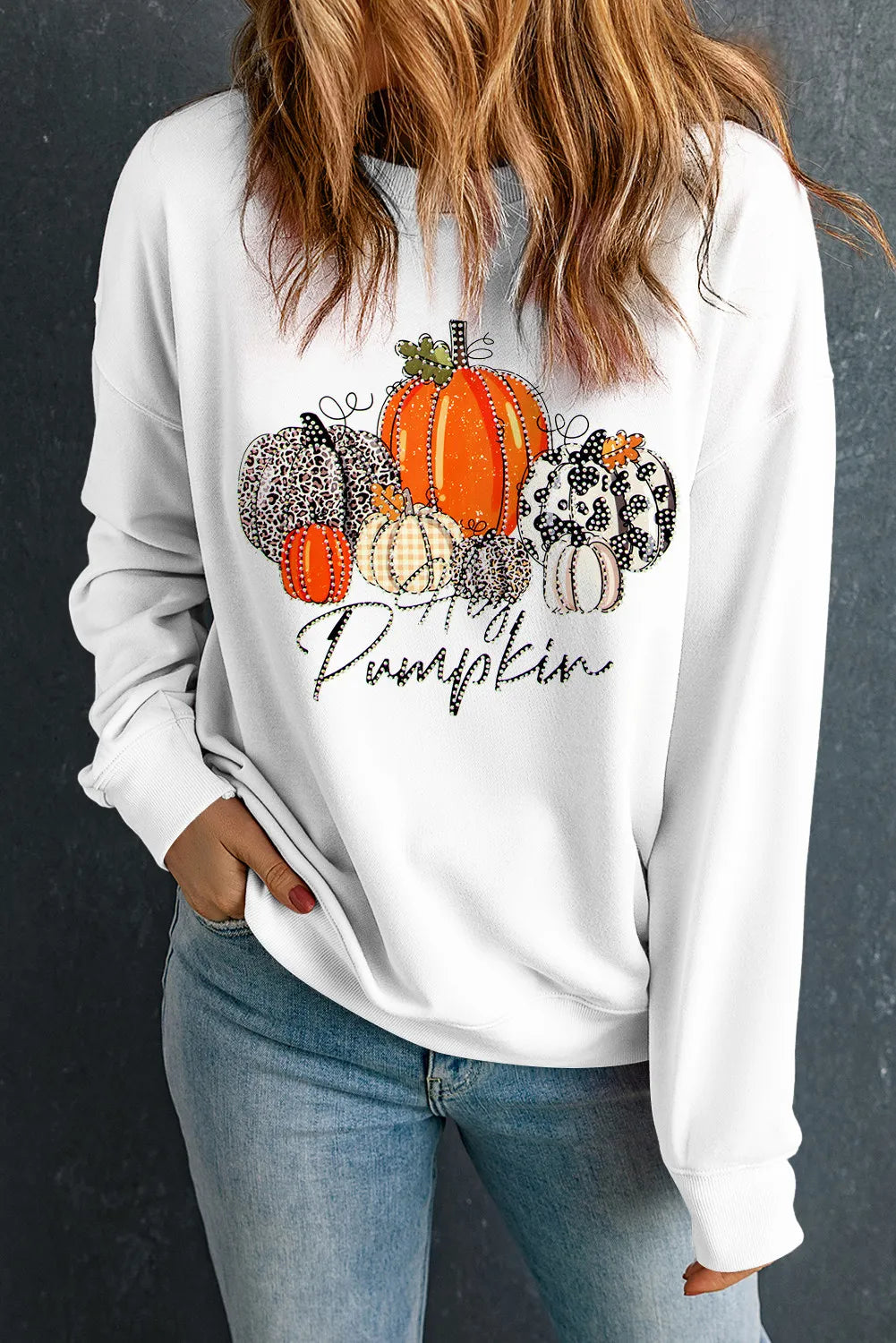 Overstock Sale casual hoodie for menlong-sleeve athletic hoodiePumpkin Graphic Round Neck Dropped Shoulder Women's Sweatshirt
