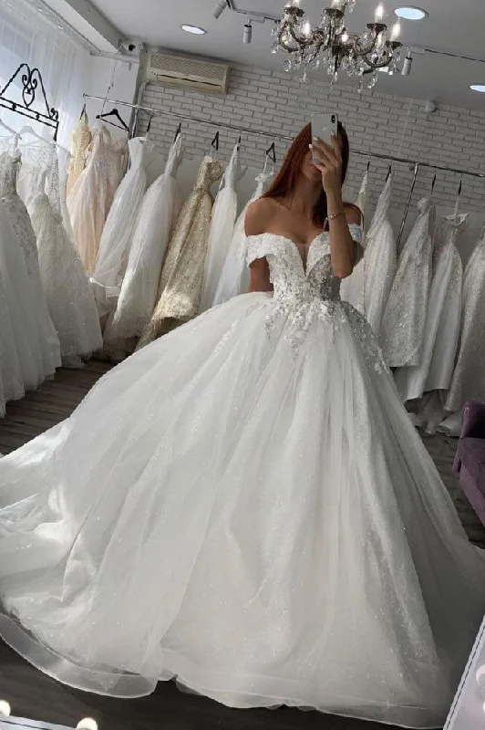 Price Cut AmazingOff the ShoulderWhite/Ivory Floral Lace Bridal Gown Spring Ball Gown