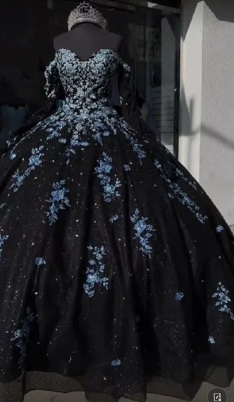 Price Drop long-sleeve floral dressUnique Black and Light Blue Quinceanera Dress Princess Dress Sweet 16 Dress Ball Gown Y4319