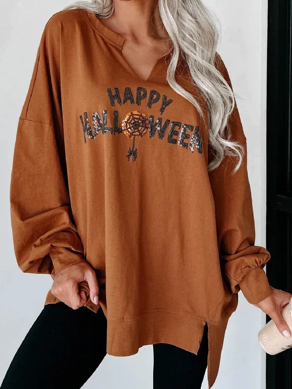 Act Fast cozy hoodie for cold weatherloose fit sports sweatshirtHappy Halloween Spider Women's Graphic Notched Long Sleeve Sweatshirt