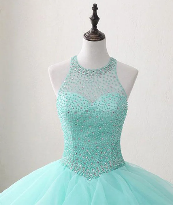 Exclusive Preview Mint Ball Gown Floor Length Halter Keyhole Back Beading Ruffles Prom Dresses