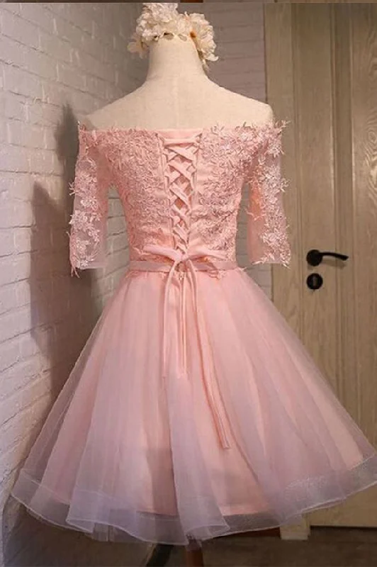 Buy Now Off Shoulder Half Sleeve Appliques Short Homecoming Dresses