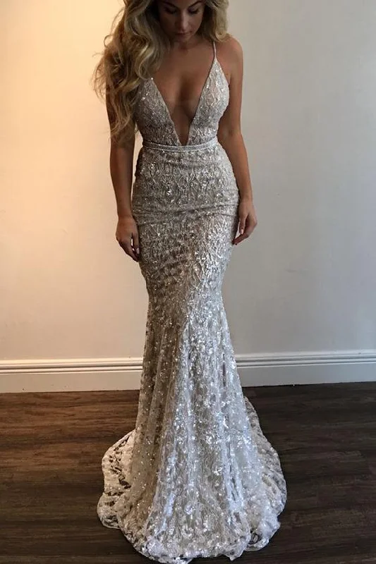Crazy Deals White Spaghetti Straps Deep V-neck Sleeveless Mermaid Long Prom Dress GJS248
