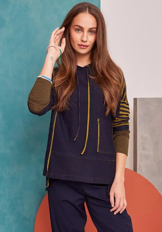 Deal of the Day sporty hooded sweatshirtNaya Striped Back & Sleeves Hoodie, Navy & Green