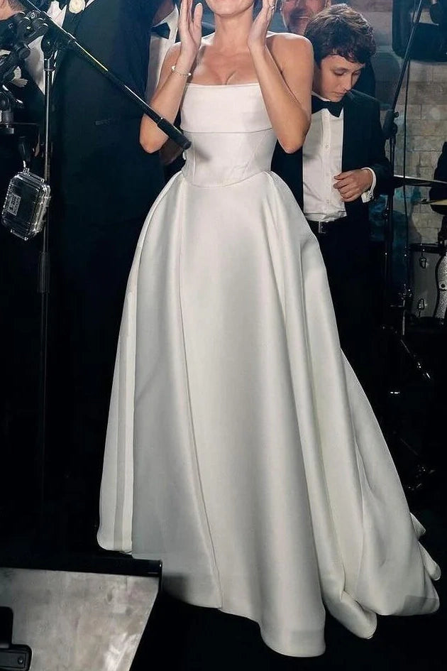 Price Rollback minimalistic dressBateau Strapless Satin A-Line With Train Wedding Dress