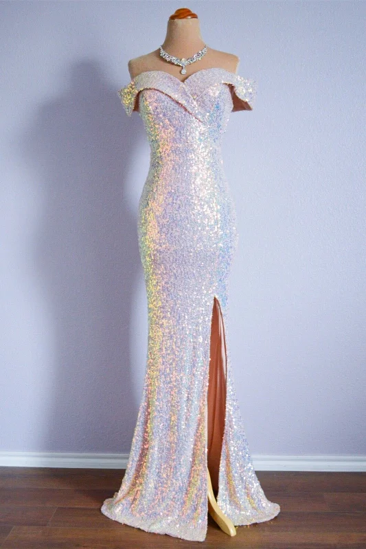 Overstock Sale casual evening dressIvory Mermaid Portrait Sparkly Long Formal Dress