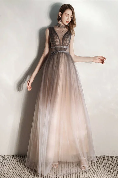 TIME-Limited Offer office dressOmbre Grey High Neck See Sheer Evening Dress