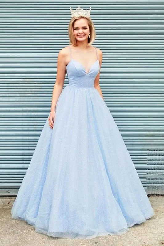 Year-End Sale Elegant A-line V Neck Light Blue Backless Long Prom Evening Dresses GJS238