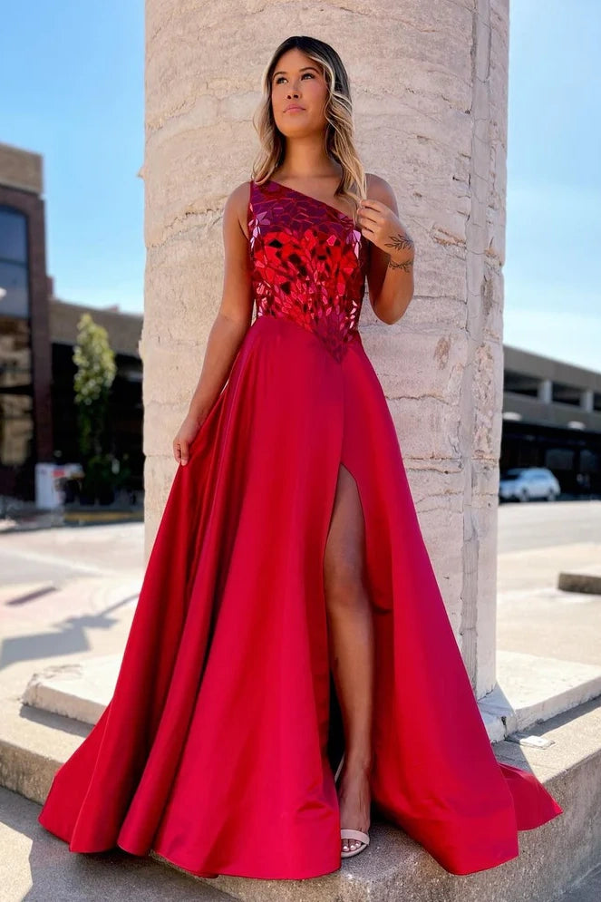 Exclusive Offers tiered dressSatin A-Line One Shoulder Sleeveless Beaded With Side Slit Prom Dress