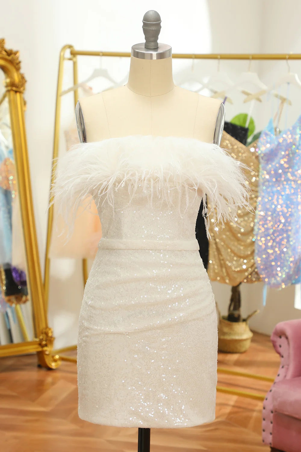 Year-End Sale off-the-shoulder dressSparkly Fitted Off-Shoulder Sequins Feathers Homecoming Dress