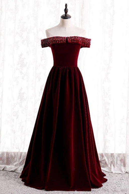 Huge Savings chic dressOff-Shoulder Velvet A-Line Beaded Long Bridesmaid Dress