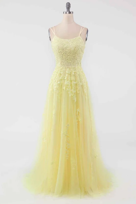 Daily Deals sleek midi dressLight Yellow A-line Scoop Neckline Embroidered Tulle Long Prom Dress